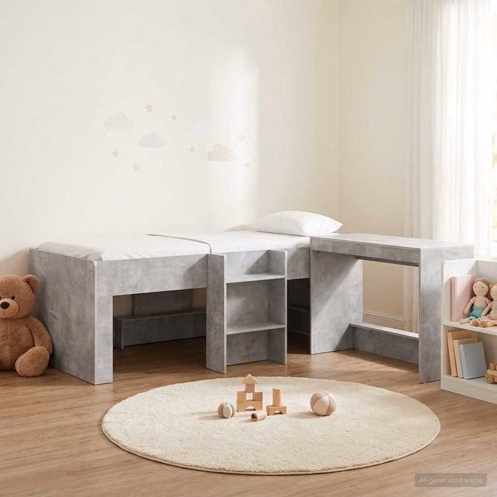 vidaXL Letto alto per bambini con scrivania in legno, Grigio Cemento, L/P/H: 203 x 90 x 180 cm