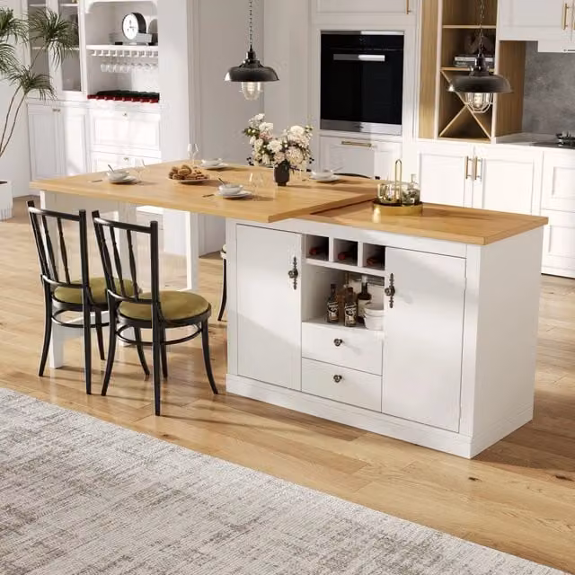 Tavolo bar allungabile con vano portabottiglie e ripiani regolabili per cucina, bianco e naturale, 120 × 40 × 76 cm