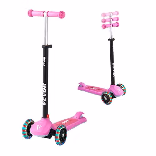 VEVOR Monopattino con 3 Ruote per Bambini da 3 Anni, Monopattino Carico max. 75kg 3 Altezze 710/755/800 mm, Ruote Luminose φ120 mm, Manubrio Altezza Regolabile, Pedana Antiscivolo, Rosa