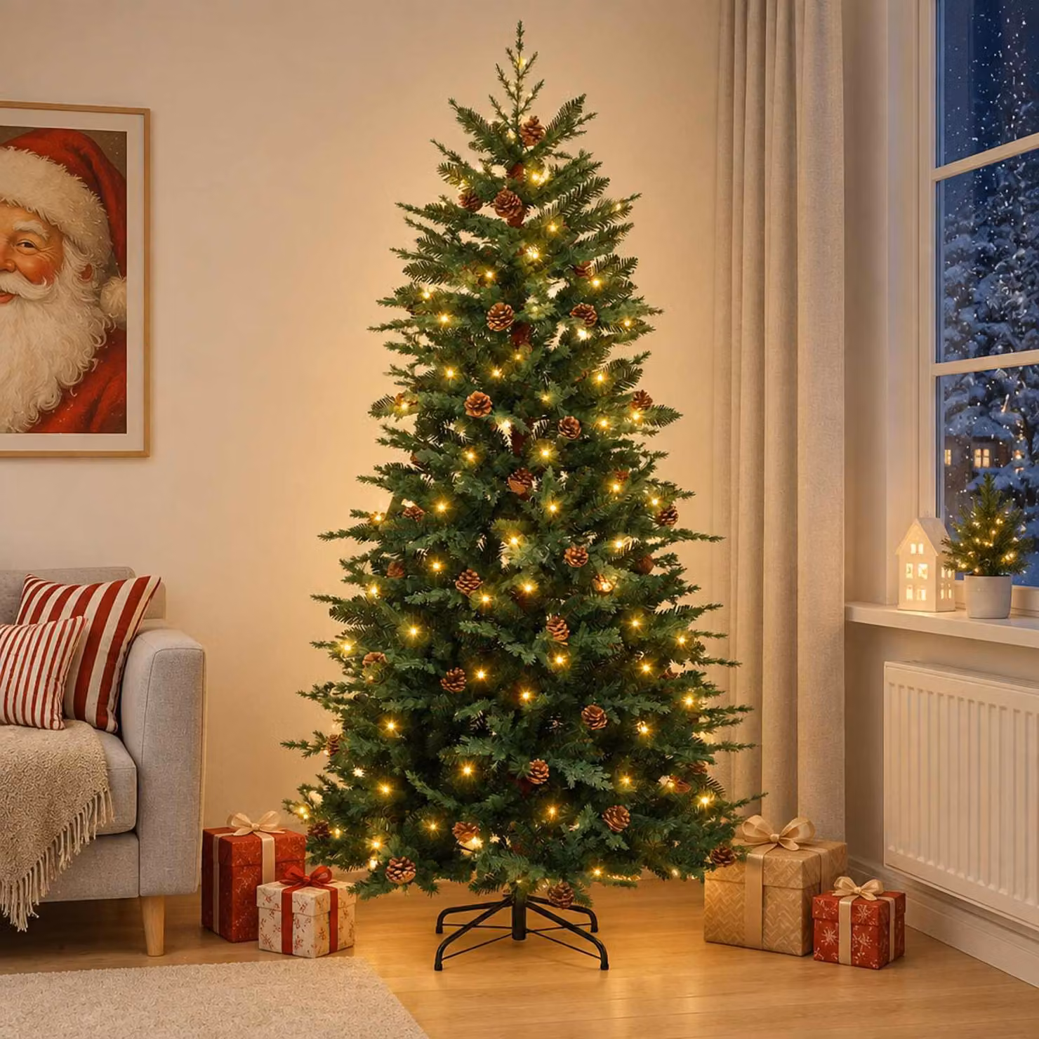 Albero di Natale artificiale pieghevole, altezza 150 cm, con 150 luci a LED