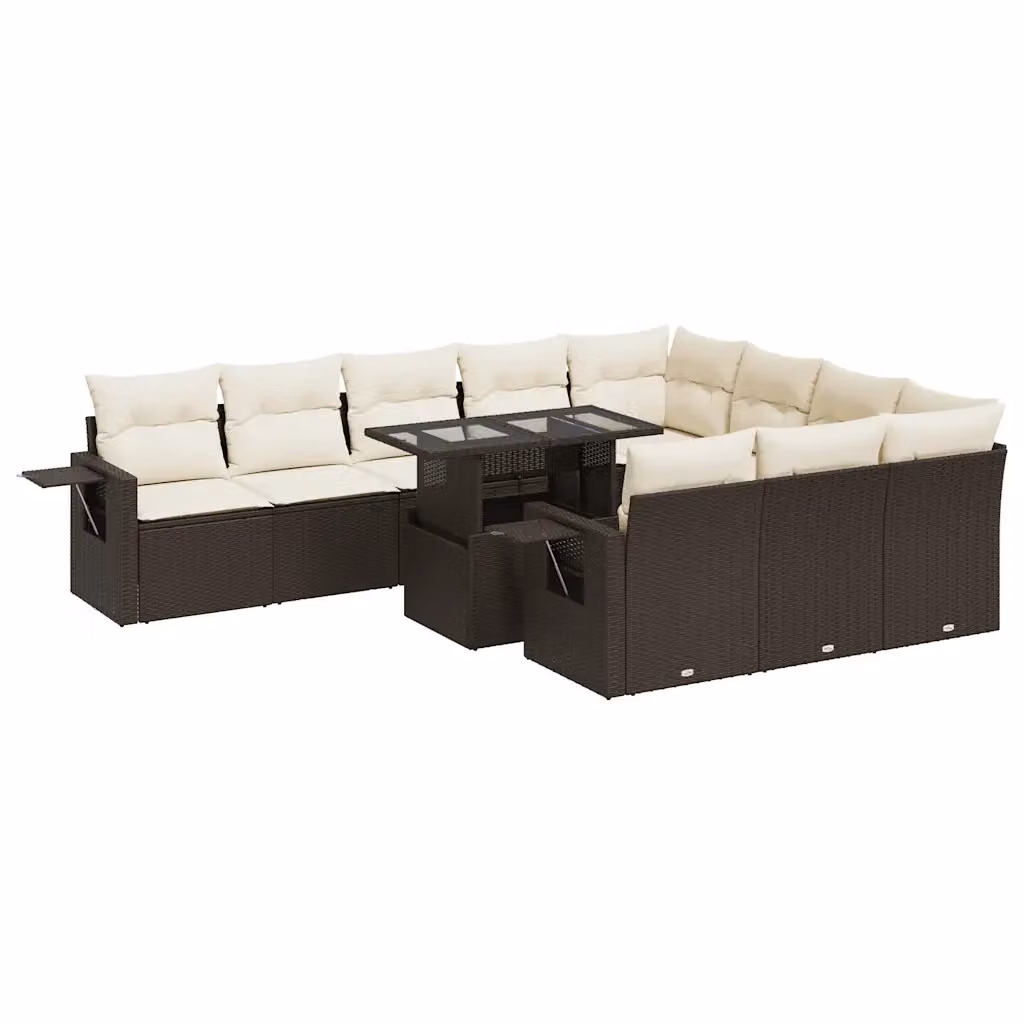 Set di Divani da Giardino vidaXL 11 Pezzi a Forma di U con Cuscini e Tavolino, Polyrattan Marrone e Bianco – 2