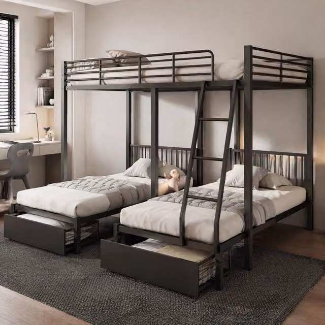 Letto a castello triplo in metallo con cassetti, trasformabile in letto matrimoniale 140x200 e due letti singoli 90x200, colore bianco