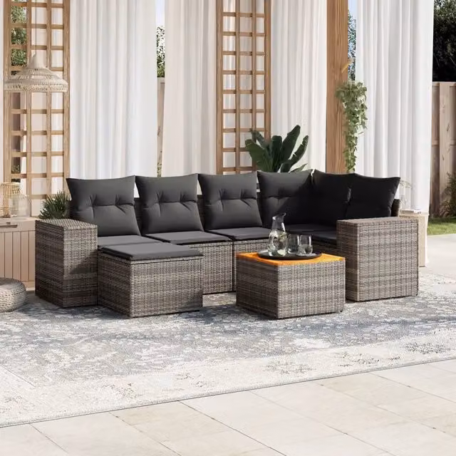Set Divani da Giardino 7 pz con Cuscini Grigio in Polyrattan 3257880