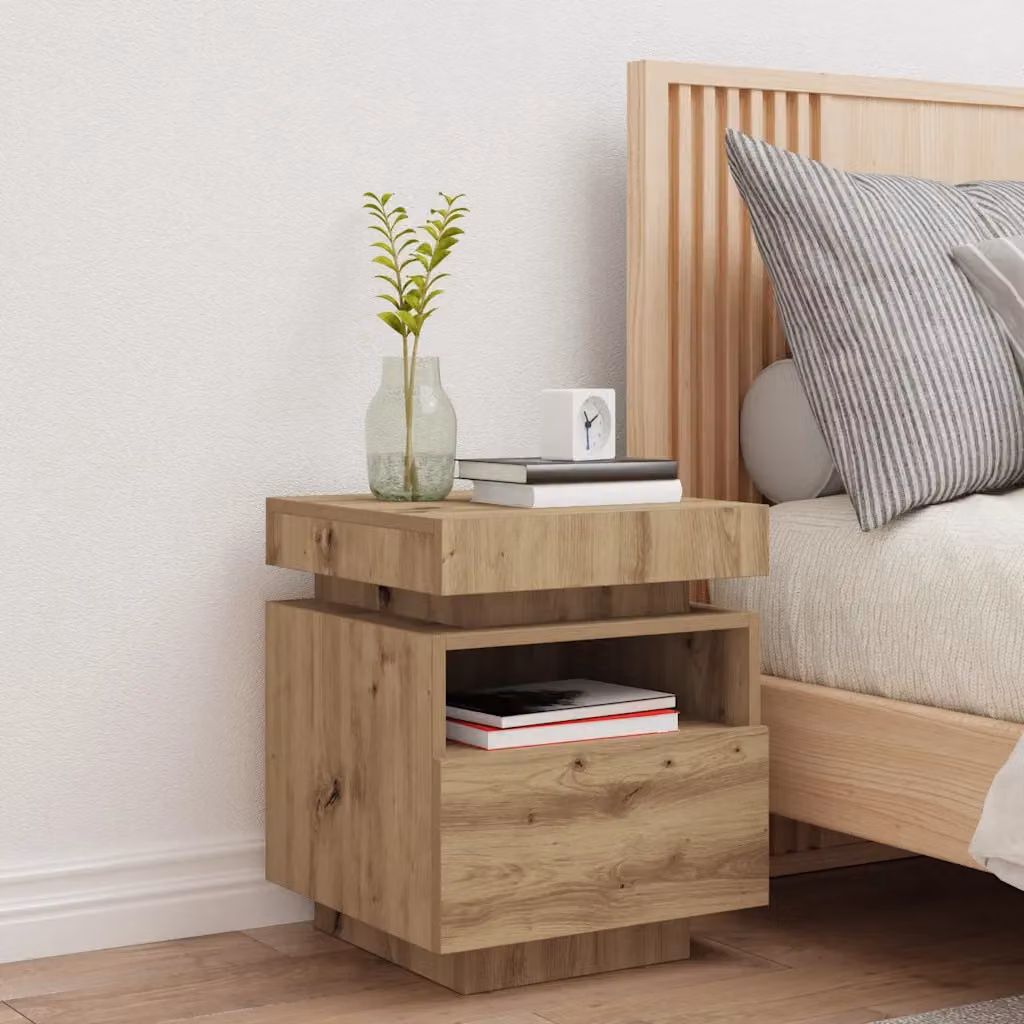 Comodino moderno vidaXL con luci LED e scomparti multimediali in legno marrone L 40 cm, P 39 cm, H 48,5 cm