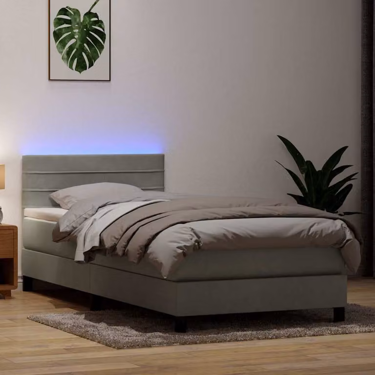 Letto a molle con materasso ibrido vidaXL in velluto grigio chiaro con illuminazione LED e porta USB L 220 x L 80 cm