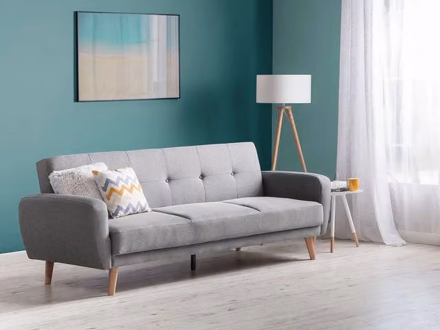 Divano Letto Beliani Grigio in Tessuto con Gambe in Legno di Gomma, Modello Click-Clack Minimalista per Soggiorno – 1