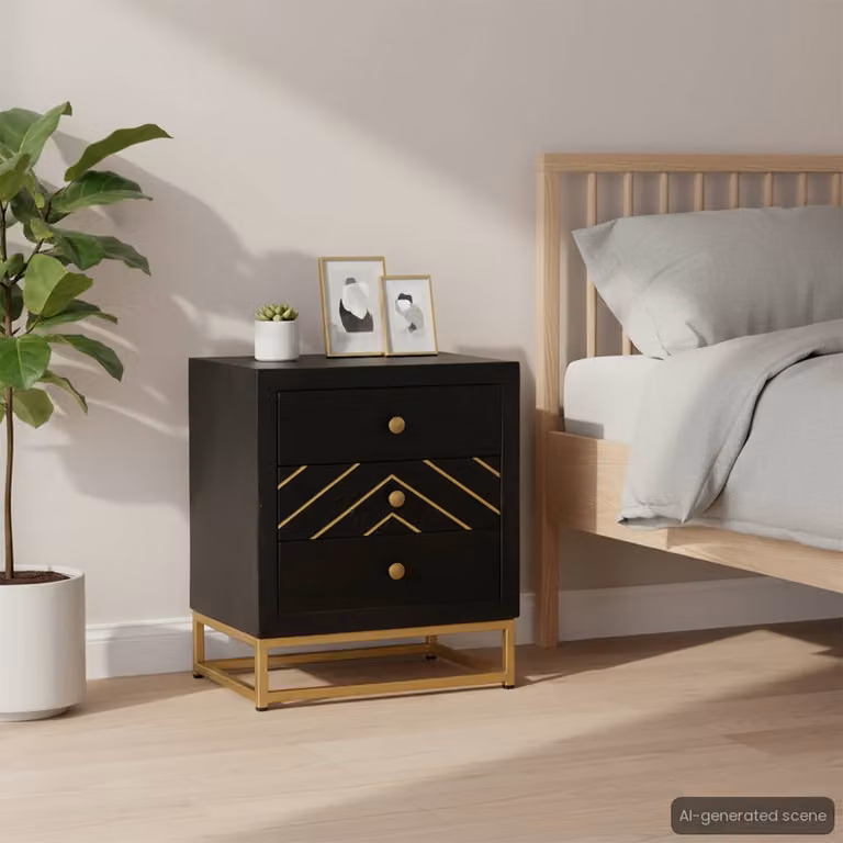 Comodino vidaXL Moderno in Legno di Mango e Metallo, Nero e Oro, L 40 cm x P 30 cm x H 50 cm
