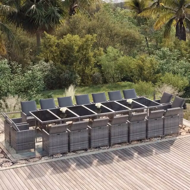 Set da pranzo da giardino vidaXL in polyrattan con cuscini e tavolo in vetro, 19 pezzi, grigio e nero