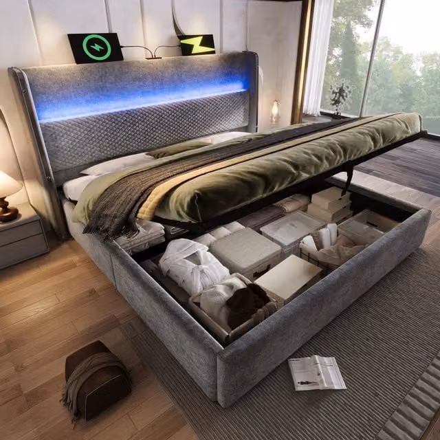Letto matrimoniale con contenitore 140 × 200 cm in lino grigio con LED prese USB e Type-C materasso H3 incluso