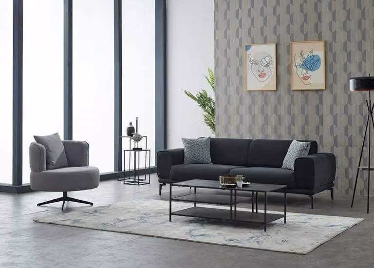 Couchgarnitur Polstersofa Dreisitzer Sessel Schwarz Stoffsofa Set 2tlg