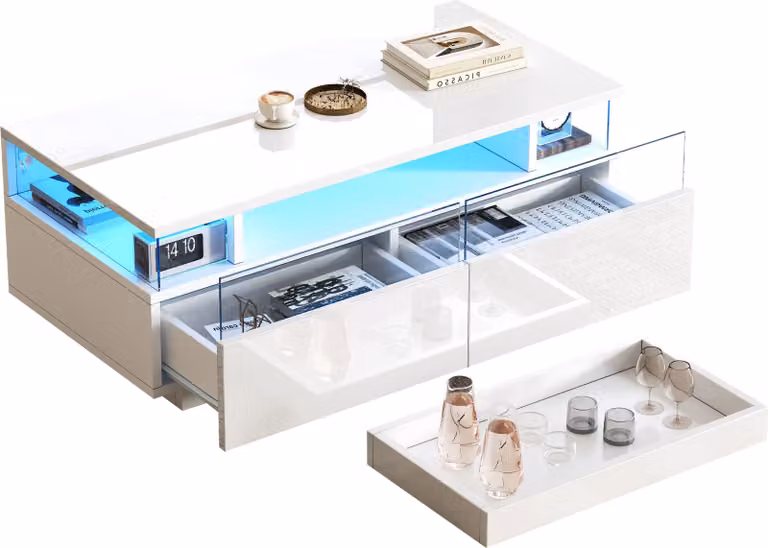 90 × 45 × 35,5 cm Tavolino da salotto con vassoio, tavolino da divano con 2 cassetti, tavolino di appoggio in vetro temperato, tavolino da caffè con illuminazione a LED