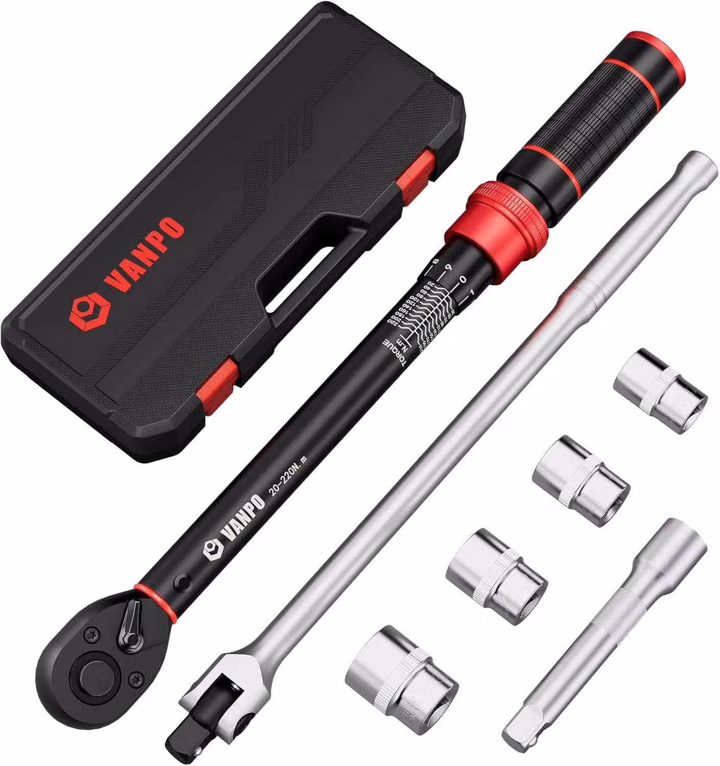 Chiave dinamometrica da 1/2 pollice, 20-220 Nm, set con bussole e prolunga, per il cambio gomme