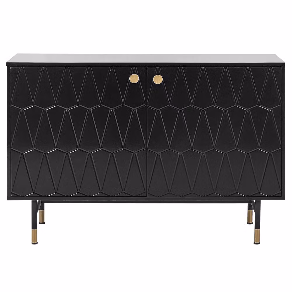 Credenza Beliani moderna in stile geometrico con finitura nera opaca e dettagli oro, ideale per soggiorno, camera da letto o ingresso, L: 120 cm, H: 82 cm, P: 40 cm – 2