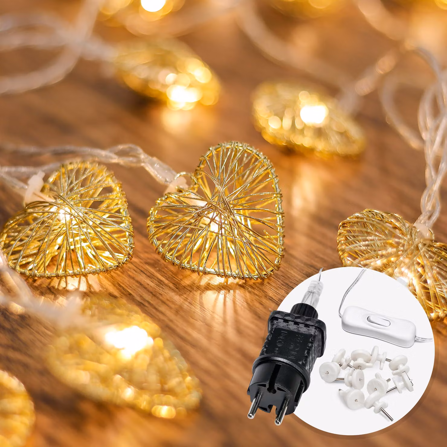 Catena luminosa a LED a forma di cuore, 5 metri, 20 LED bianco caldo, con spina