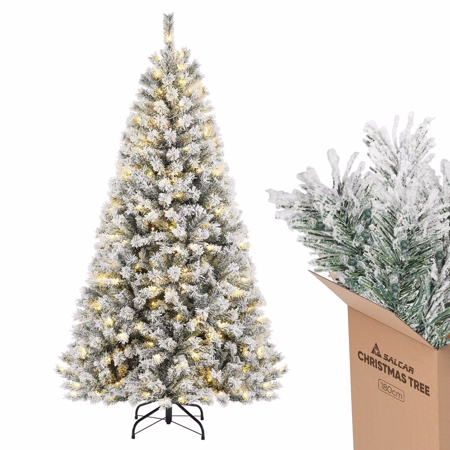 Salcar Albero di Natale artificiale 180cm con illuminazione 250 LED e supporto in metallo Albero di Natale con neve Albero di Natale Albero artificiale di Natale