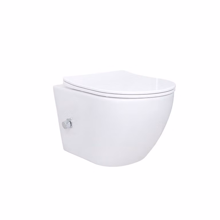 WC sospeso con funzione bidet Taharet in Vetroceramica con rubinetto in acciaio inox per acqua calda e fredda Coperchio con chiusura morbida a filo bordo