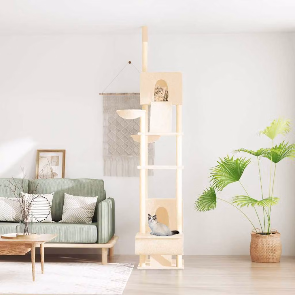Albero per gatti da pavimento a soffitto vidaXL con amaca e cave in sisal e legno, beige, Altezza: 277-303 cm