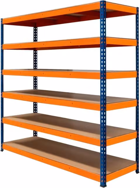 Scaffalatura S-Rax in acciaio con 6 ripiani resistente fino a 300kg per magazzino e officina, colori blu e arancione, H: 180 cm, L: 180 cm, P: 60 cm