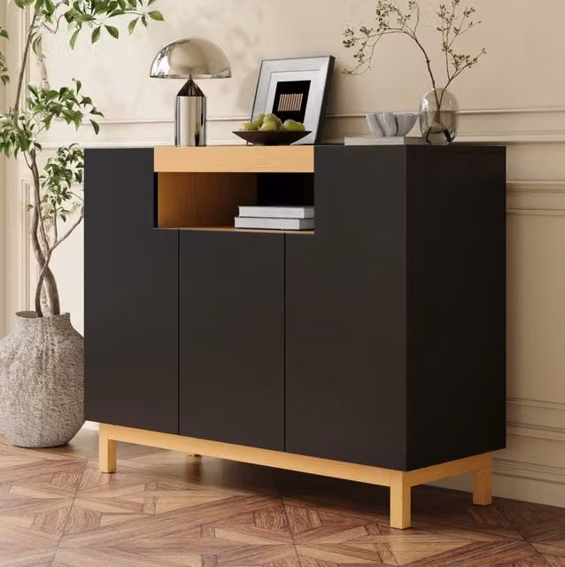 Sideboard moderno MODFU a 3 ante con vano aperto in MDF nero opaco L: 120,5 cm, P: 42 cm, H: 96 cm