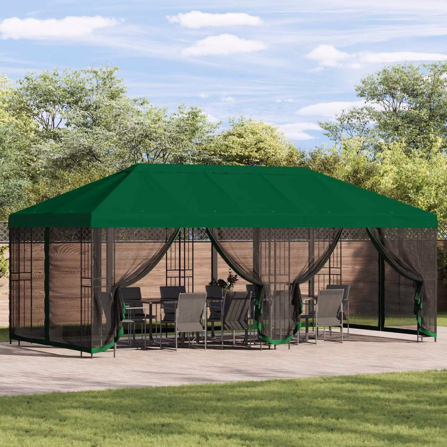 Gazebo vidaXL con pareti laterali in poliestere e acciaio verde e nero L: 600 cm, P: 300,5 cm, H: 276,5 cm