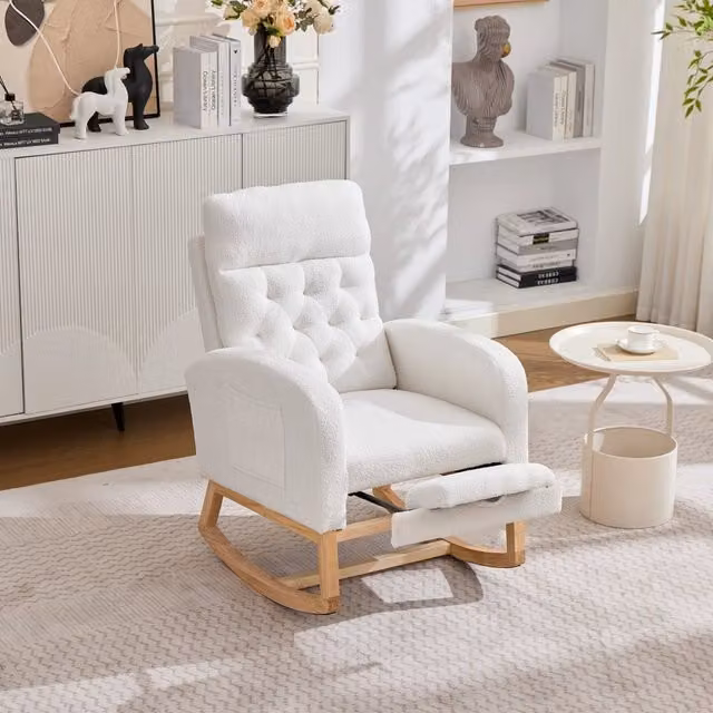 Sedia a dondolo per l'allattamento SINGULARTY in tessuto boucle bianco con poggiapiedi regolabile e struttura in legno massiccio, L/P/H: 123 x 65.6 x 102 cm