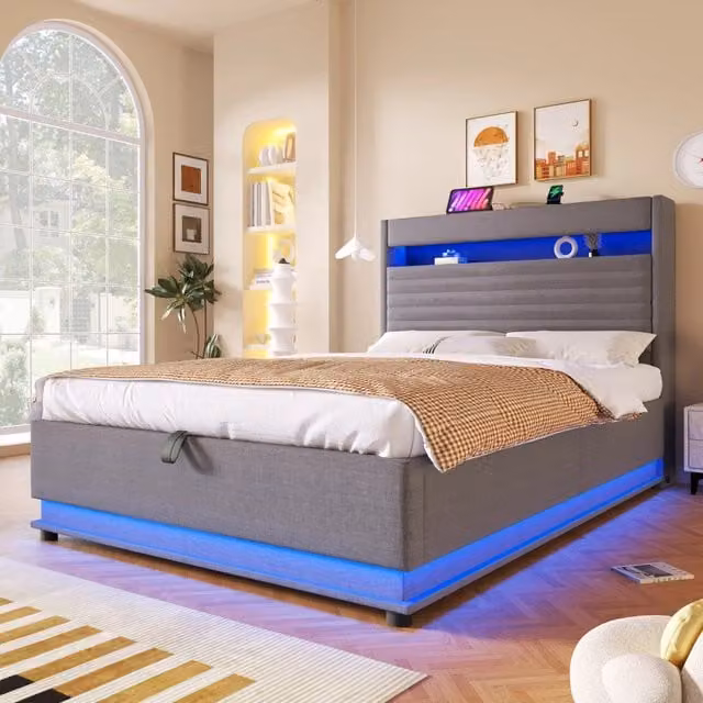 Letto matrimoniale 140 × 200 cm con vano idraulico, LED regolabili, USB e Type-C, senza materasso, in lino grigio