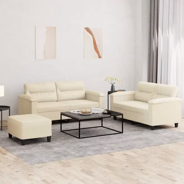 Set di divani moderno vidaXL in similpelle beige composto da divano a 2 posti e pouf con cuscini inclusi