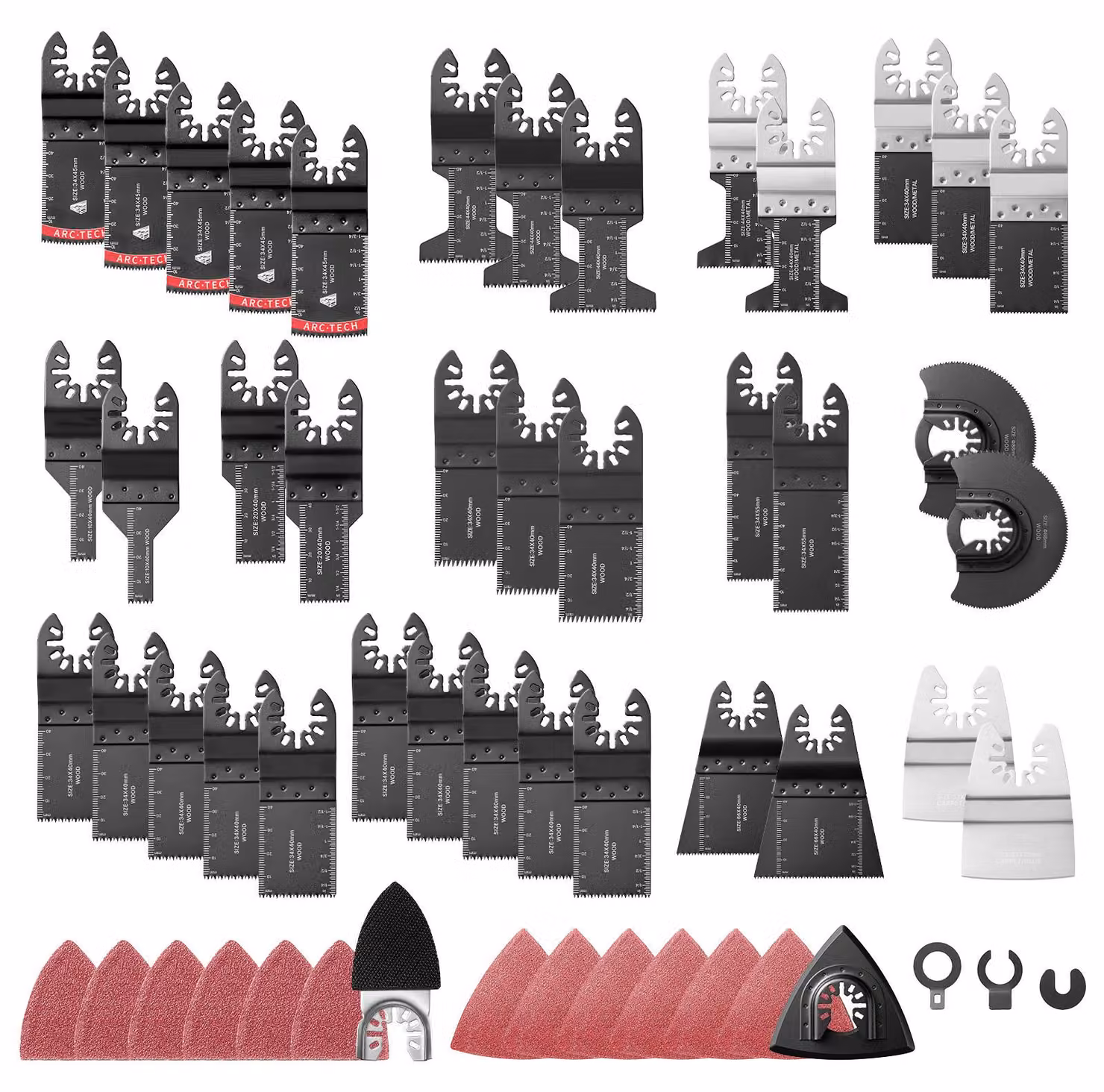 Kit di accessori da 160 pezzi per utensili oscillanti, che include 36 lame da taglio, 2 dischi abrasivi, 2 raschietti e 120 fogli di carta abrasiva, adatto per legno, plastica e metallo