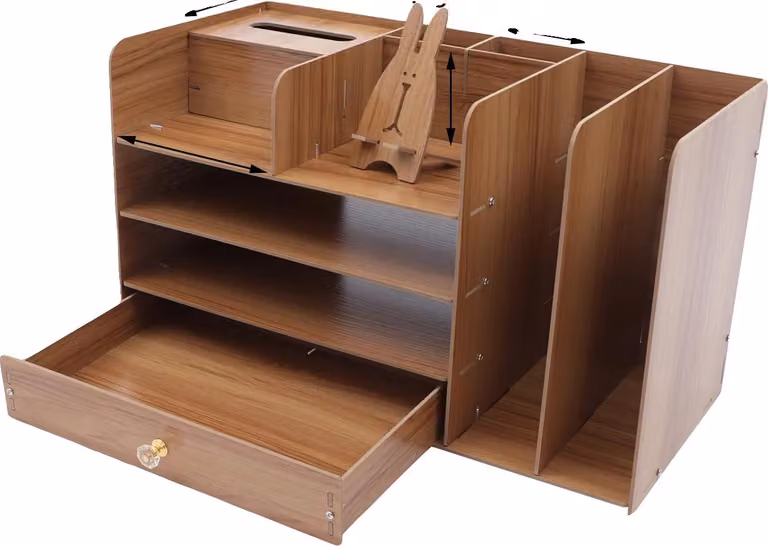 Organizer da scrivania, 4 ripiani, struttura in legno resistente, colore ciliegio