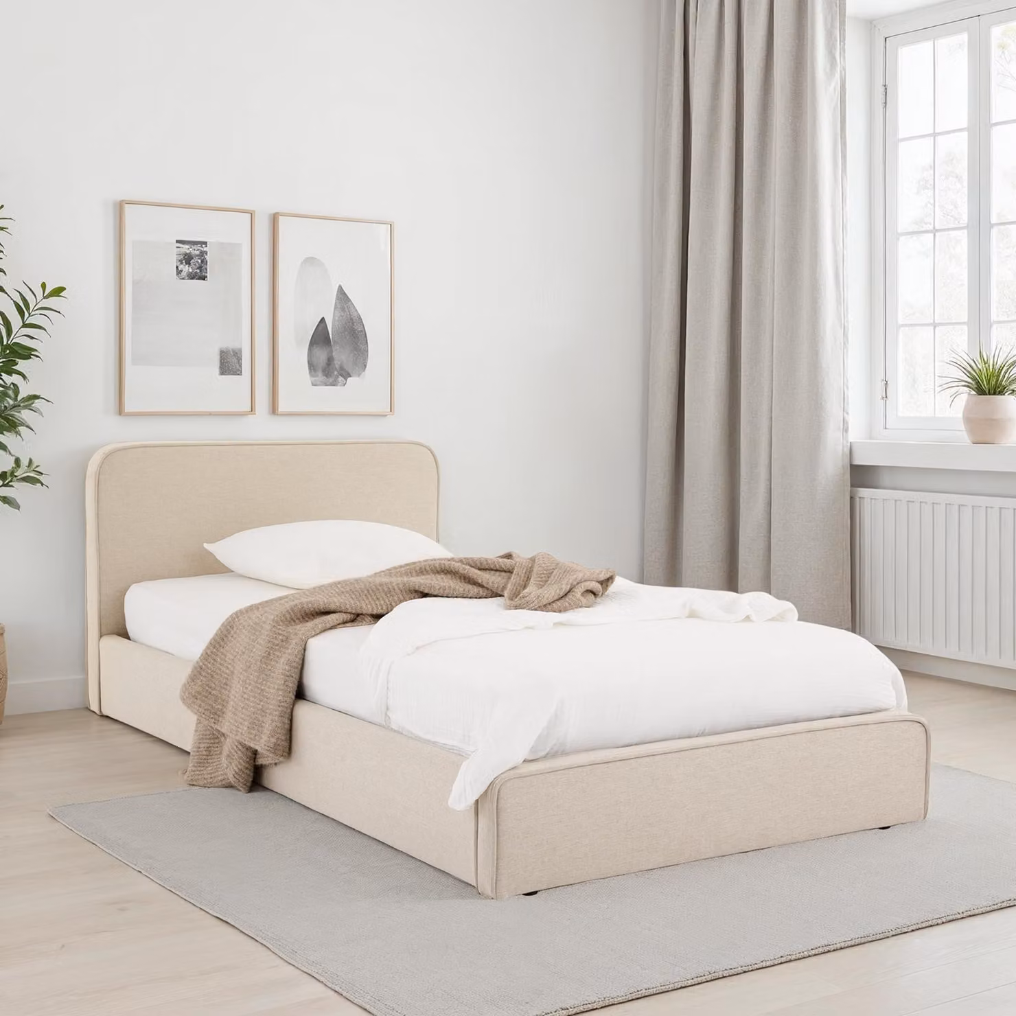 Letto singolo imbottito MARINI 90x200 cm in beige - Letto imbottito con rete a doghe, design moderno e robusta struttura in legno con piedini in plastica