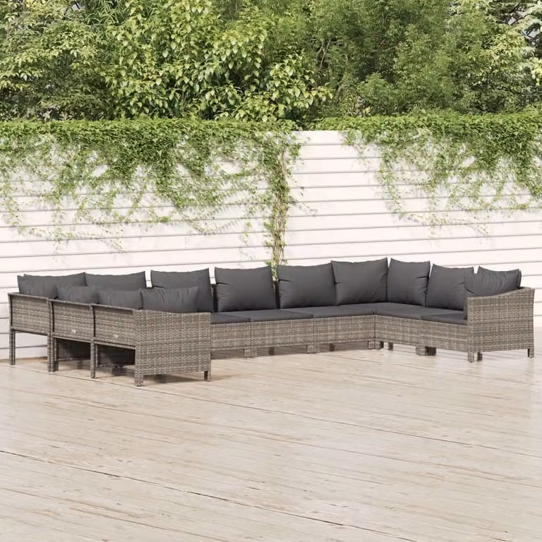The Living Store Set da giardino da 10 pezzi con cuscini in poly rattan grigio