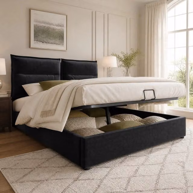 Letto imbottito 140x200 cm con contenitore e testiera regolabile; nero
