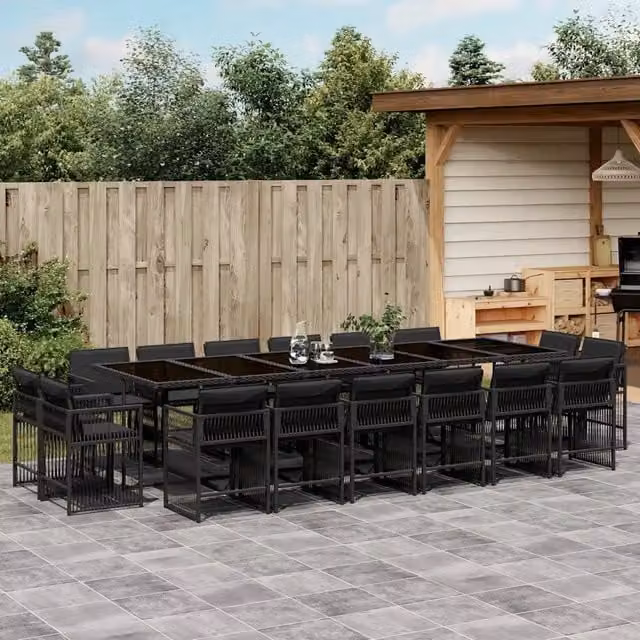 Set da pranzo da giardino vidaXL in polyrattan nero con cuscini e tavolo in vetro 17 pezzi