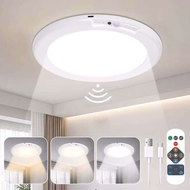 Plafoniera LED ricaricabile con rilevatore di movimento e telecomando 3 temperature di colore Plafoniera dimmerabile per guardaroba, scale, corridoio, cantina