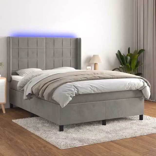 Letto matrimoniale con materasso ibrido e illuminazione LED vidaXL in velluto grigio chiaro L/P/H: 203 x 147 x 128 cm