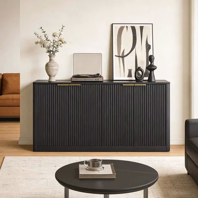 Sideboard moderno con design ondulato astratto in MDF nero opaco, Larghezza: 150 cm