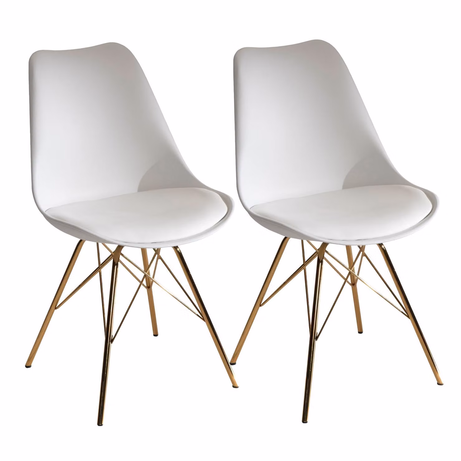Set di 2 sedie da cucina in plastica bianca con gambe dorate, design scandinavo, sedie imbottite in ecopelle