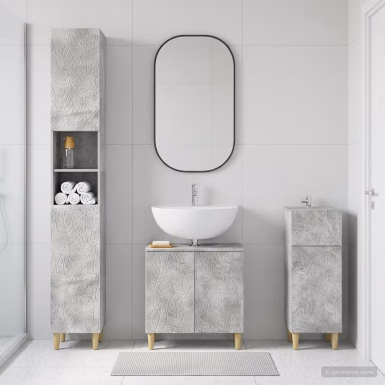 Set di armadietti da bagno moderni vidaXL DELFT in 3 pezzi, colore grigio, con mobile sottolavabo, colonna alta e mobile laterale, L/P/H: 190 x 47,8 x 31 cm, 31 x 30 x 30 cm e 31 x 47,8 x 30 cm