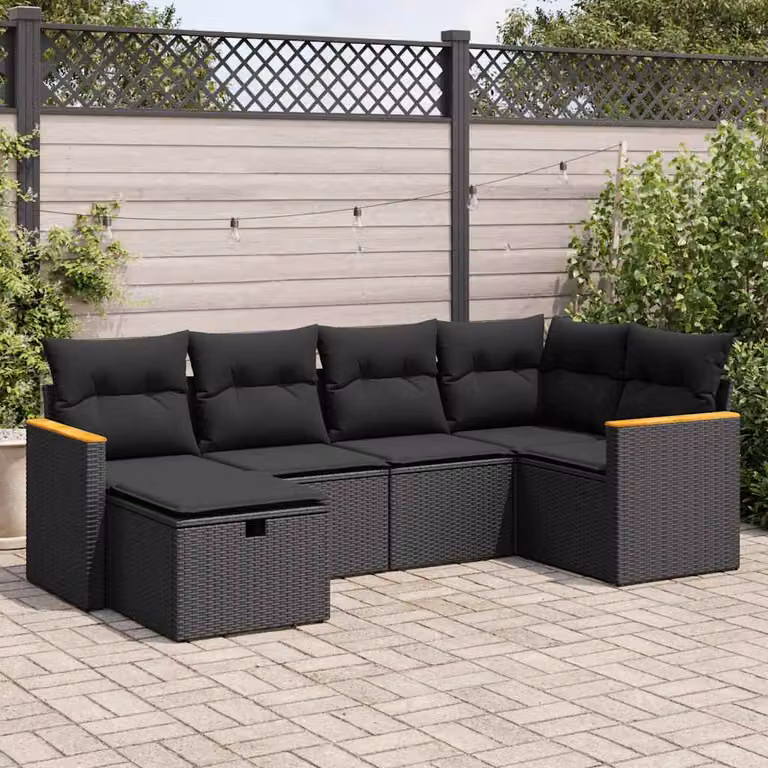 Set Divano da Giardino vidaXL 6 pz a Forma a L in Polyrattan Nero con Cuscini e Coperture Rimovibili