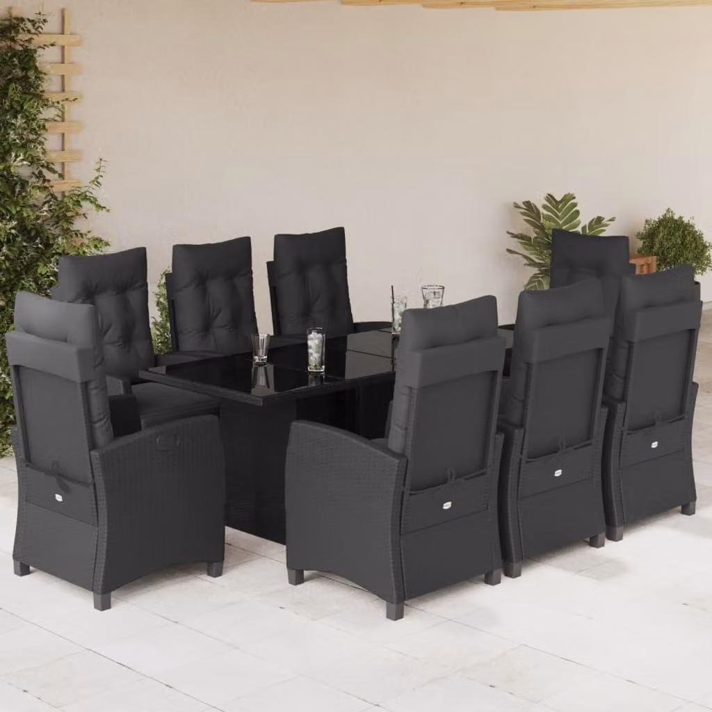 Set da pranzo da giardino vidaXL in polyrattan nero con cuscini e tavolo in vetro, 9 pezzi – 1