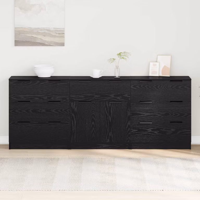 Credenza moderna vidaXL in 3 pezzi, colore nero opaco, in legno ingegnerizzato MDF, L: 181 cm, P: 30 cm, H: 70 cm