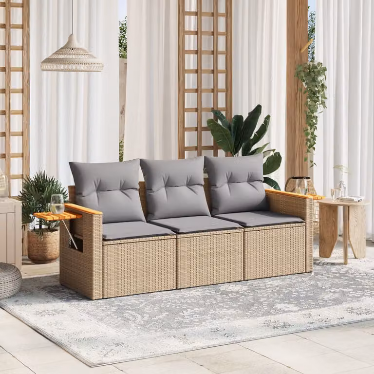 Set Divano da Giardino vidaXL 3 pz in Polyrattan con Cuscini Beige e Grigio e Tavolino