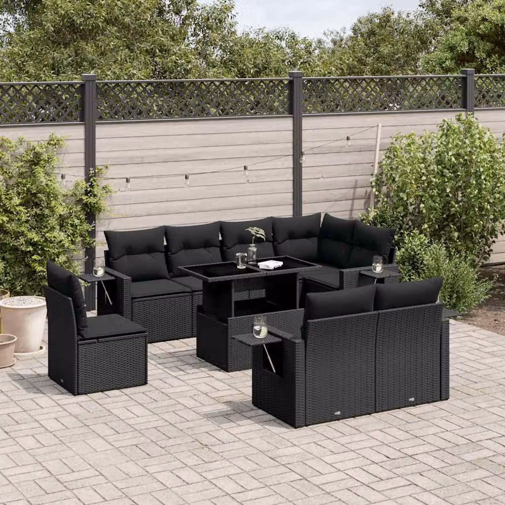 Set di divani da giardino vidaXL a forma di L in polyrattan nero con cuscini e tavolino da esterno – 1