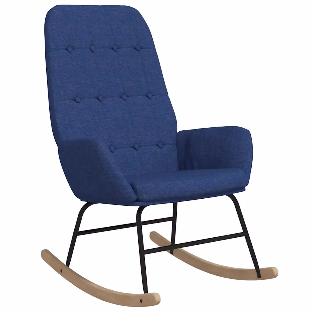 Poltrona a dondolo moderna in tessuto blu con braccioli e struttura in legno e metallo – 2