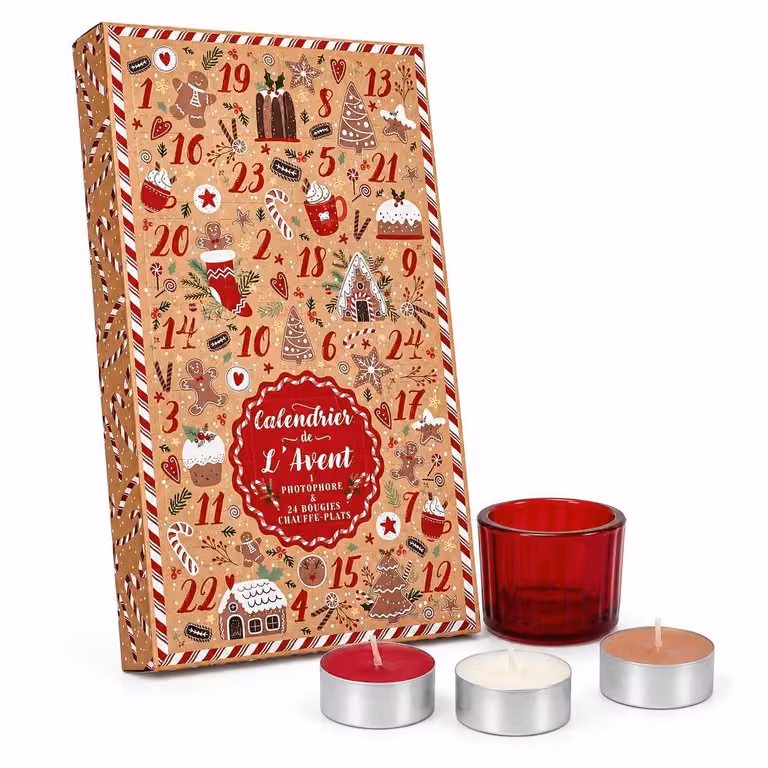 Calendario dell'Avvento con 24 candele profumate – Include portacandele in vetro – Scatola regalo con 24 candele – Calendario dell'Avvento a tema candele per adulti – Colore: rosso