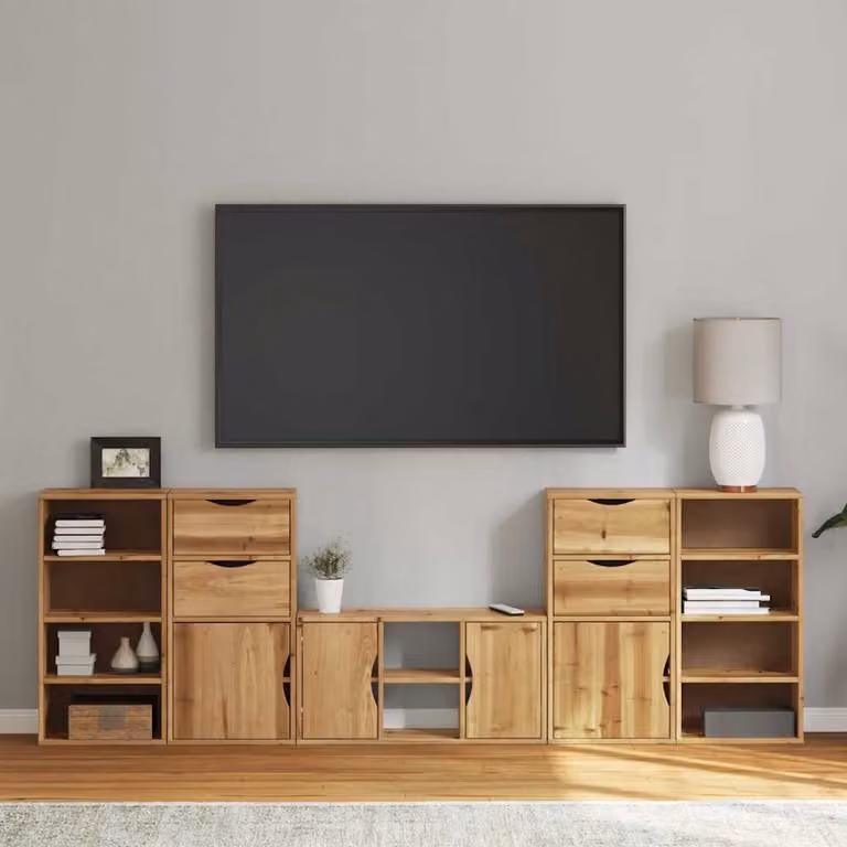 Carrello TV mobile vidaXL modello ODDA in legno massello di pino color marrone con contenitore e 5 scomparti media