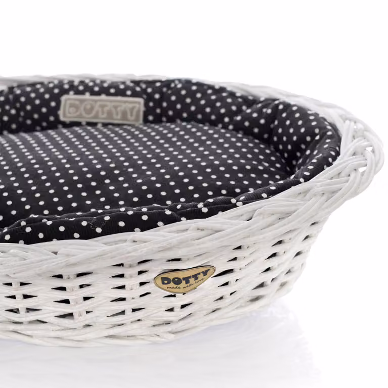 Cesto in vimini bianco sbiancato per cani Cesto Wiki con cuccia in cotone - Nero a pois bianchi - DOTTY
