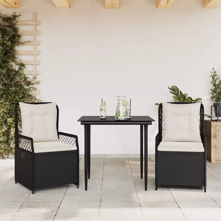 Set da Pranzo da Giardino 3 pz vidaXL in Polyrattan Nero con Cuscini e Tavolo in Vetro