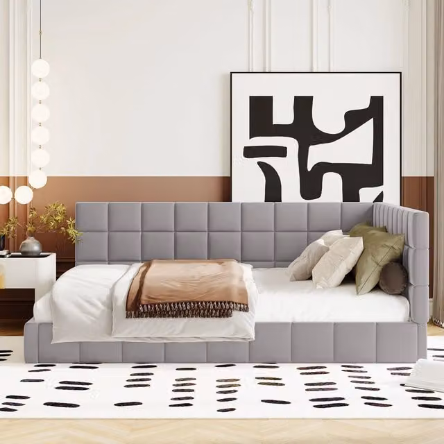 Divano letto MIVRAY in velluto grigio con rete a doghe, schienale e braccioli reversibili, L/P/H: 206 x 147 x 62,5 cm, misura letto 140 x 200 cm