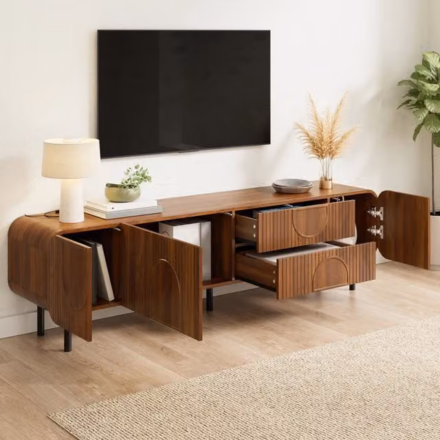 Mobile TV con 3 ante 2 cassetti passacavi e gambe in metallo MDF color noce 180 × 40 × 47;5 cm